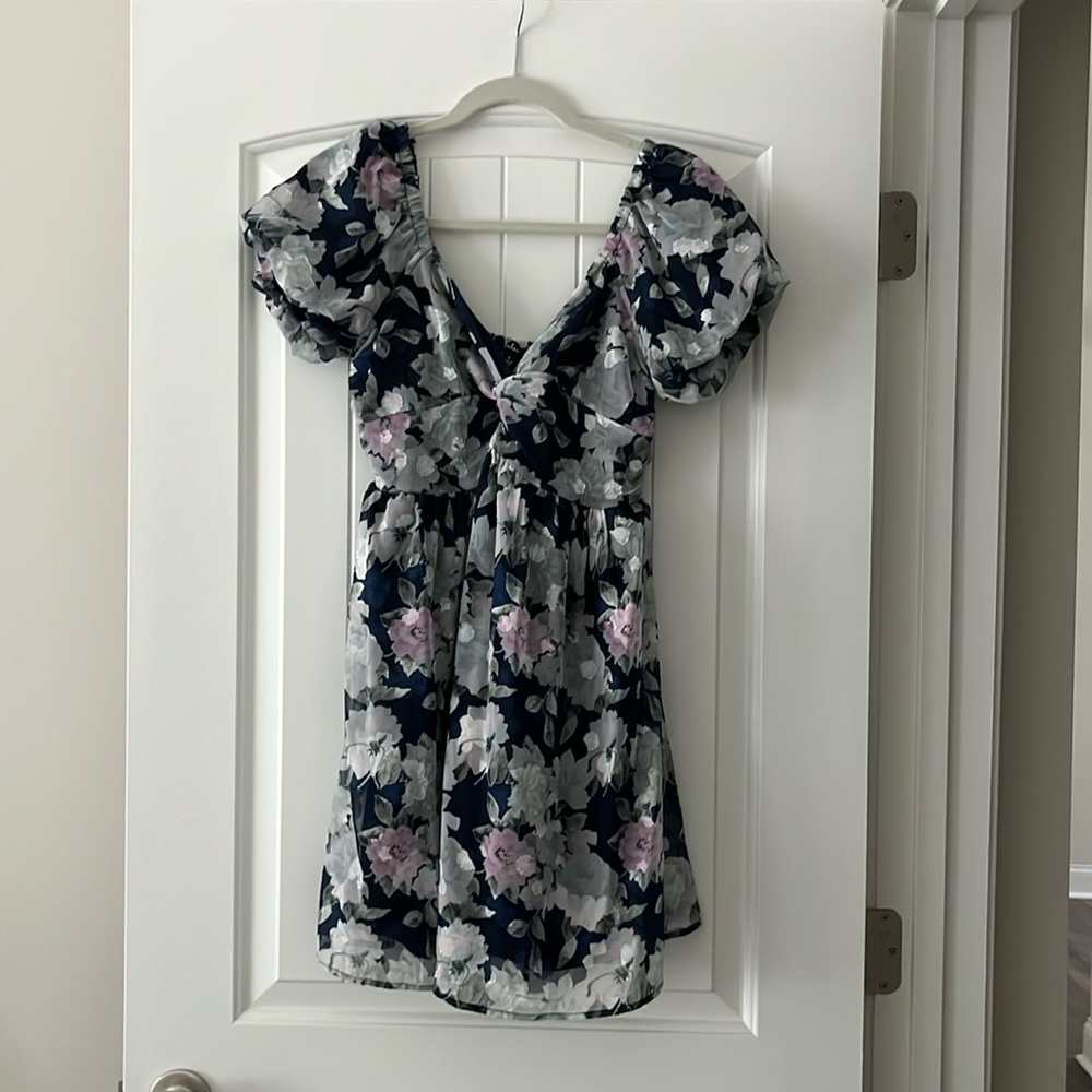 Blue with purple and white floral mini dress